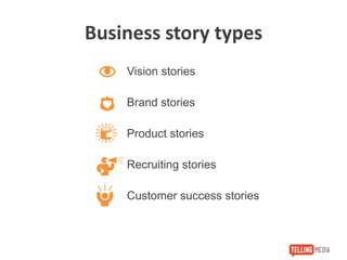Business story types
Vision stories
Brand stories
Product stories
Recruiting stories
Customer success stories
 