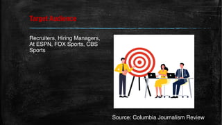 Target Audience
Recruiters, Hiring Managers,
At ESPN, FOX Sports, CBS
Sports
Source: Columbia Journalism Review
 