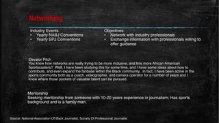 Networking
Industry Events
• Yearly NABJ Conventions
• Yearly SPJ Conventions
Objectives
• Network with industry professionals
• Exchange information with professionals willing to
offer guidance
Elevator Pitch
You know how networks are really trying to be more inclusive, and hire more African American
Sportscasters? Well, I have been studying this for some time, and I have some ideas about how to
contribute, and even expand the fanbase within the Black community. In fact, I have been active in the
sports community both as a coach, videographer, and camera operator for a number of years and I
know where those pockets of valuable talent can be pursued.
Mentorship
Seeking mentorship from someone with 10-20 years experience in journalism; Has sports
background and is a family man.
Source: National Association Of Black Journalist, Society Of Professional Journalist
 
