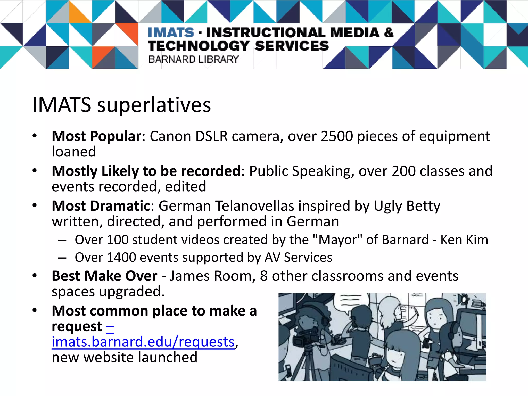 IMATS superlatives
• Most Popular: Canon DSLR camera, over 2500 pieces of equipment
loaned
• Mostly Likely to be recorded: Public Speaking, over 200 classes and
events recorded, edited
• Most Dramatic: German Telanovellas inspired by Ugly Betty
written, directed, and performed in German
– Over 100 student videos created by the "Mayor" of Barnard - Ken Kim
– Over 1400 events supported by AV Services
• Best Make Over - James Room, 8 other classrooms and events
spaces upgraded.
• Most common place to make a
request –
imats.barnard.edu/requests,
new website launched
 