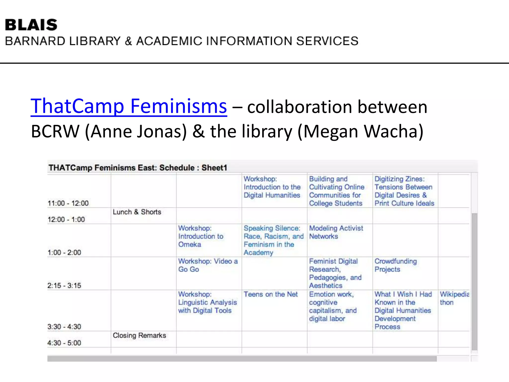 ThatCamp Feminisms – collaboration between
BCRW (Anne Jonas) & the library (Megan Wacha)
 
