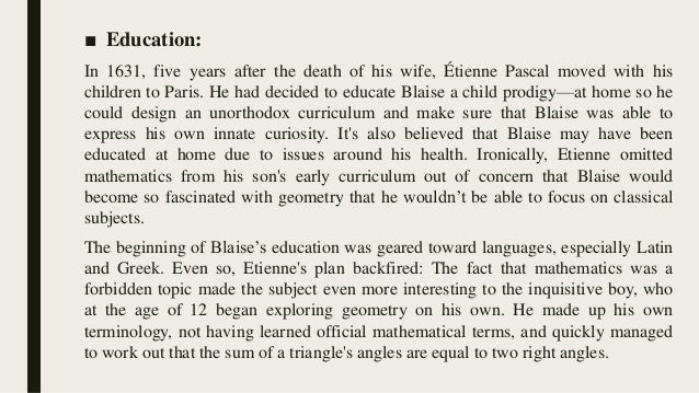 blaise pascals essay on conic sections Blaise pascal 19 june 1623 - 19 aug 1662 pascal's first formally published mathematical work was his influential essay on the conic sections. blaise pascals essay on conic sections Blaise pascal 19 june 1623 - 19 aug 1662 pascal's first formally published mathematical work was his influential essay on the conic sections.