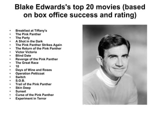Blake Edwards's top 20 movies (based on box office success and rating) Breakfast at Tiffany's   The Pink Panther   The Party   A Shot in the Dark   The Pink Panther Strikes Again   The Return of the Pink Panther   Victor Victoria   Blind Date   Revenge of the Pink Panther   The Great Race   10   Days of Wine and Roses   Operation Petticoat   Switch   S.O.B.   Trail of the Pink Panther   Skin Deep   Sunset   Curse of the Pink Panther   Experiment in Terror   