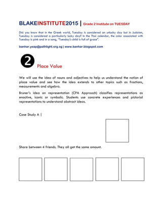 BLAKEINSTITUTE2015 | Grade 2 Institute on TUESDAY
Did you know that in the Greek world, Tuesday is considered an unlucky day but in Judaism,
Tuesday is considered a particularly lucky day? In the Thai calendar, the color associated with
Tuesday is pink and in a song, “Tuesday's child is full of grace".
banhar.yeap@pathlight.org.sg | www.banhar.blogspot.com
Place Value
We will use the idea of nouns and adjectives to help us understand the notion of
place value and see how the idea extends to other topics such as fractions,
measurements and algebra.
Bruner’s idea on representation (CPA Approach) classifies representations as
enactive, iconic or symbolic. Students use concrete experiences and pictorial
representations to understand abstract ideas.
Case Study A |
Share between 4 friends. They all get the same amount.
 
