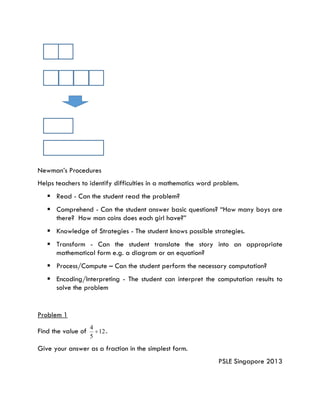 Newman’s Procedures
Helps teachers to identify difficulties in a mathematics word problem.
 Read - Can the student read the problem?
 Comprehend - Can the student answer basic questions? “How many boys are
there? How man coins does each girl have?”
 Knowledge of Strategies - The student knows possible strategies.
 Transform - Can the student translate the story into an appropriate
mathematical form e.g. a diagram or an equation?
 Process/Compute – Can the student perform the necessary computation?
 Encoding/Interpreting - The student can interpret the computation results to
solve the problem
Problem 1
Find the value of 12
5
4
 .
Give your answer as a fraction in the simplest form.
PSLE Singapore 2013
 