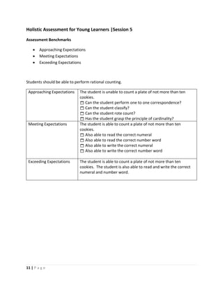 11 | P a g e
Holistic Assessment for Young Learners |Session 5
Assessment Benchmarks
 Approaching Expectations
 Meeting Expectations
 Exceeding Expectations
Students should be able to perform rational counting.
Approaching Expectations The student is unable to count a plate of not more than ten
cookies.
 Can the student perform one to one correspondence?
 Can the student classify?
 Can the student rote count?
 Has the student grasp the principle of cardinality?
Meeting Expectations The student is able to count a plate of not more than ten
cookies.
 Also able to read the correct numeral
 Also able to read the correct number word
 Also able to write the correct numeral
 Also able to write the correct number word
Exceeding Expectations The student is able to count a plate of not more than ten
cookies. The student is also able to read and write the correct
numeral and number word.
 
