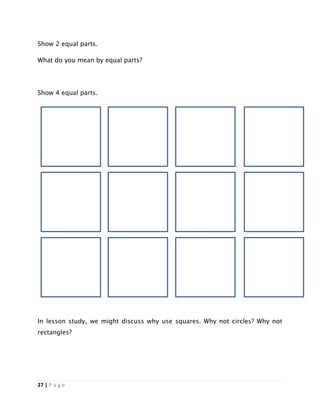 27 | P a g e
Show 2 equal parts.
What do you mean by equal parts?
Show 4 equal parts.
In lesson study, we might discuss why use squares. Why not circles? Why not
rectangles?
 