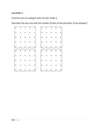 36 | P a g e
Case Study 1 |
Find the area of a polygon with one dot inside it.
How does the area vary with the number of dots on the perimeter of the polygon?
 