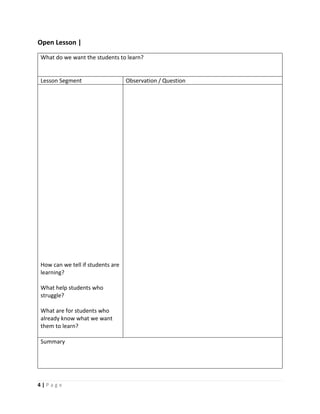 4 | P a g e
Open Lesson |
What do we want the students to learn?
Lesson Segment Observation / Question
How can we tell if students are
learning?
What help students who
struggle?
What are for students who
already know what we want
them to learn?
Summary
 