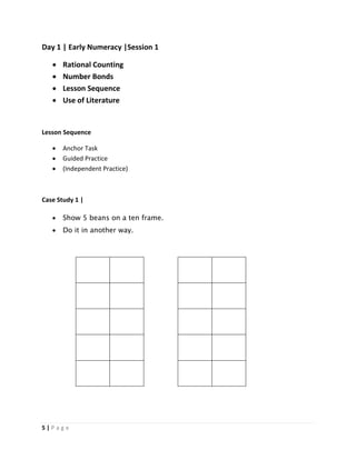 5 | P a g e
Day 1 | Early Numeracy |Session 1
 Rational Counting
 Number Bonds
 Lesson Sequence
 Use of Literature
Lesson Sequence
 Anchor Task
 Guided Practice
 (Independent Practice)
Case Study 1 |
 Show 5 beans on a ten frame.
 Do it in another way.
 