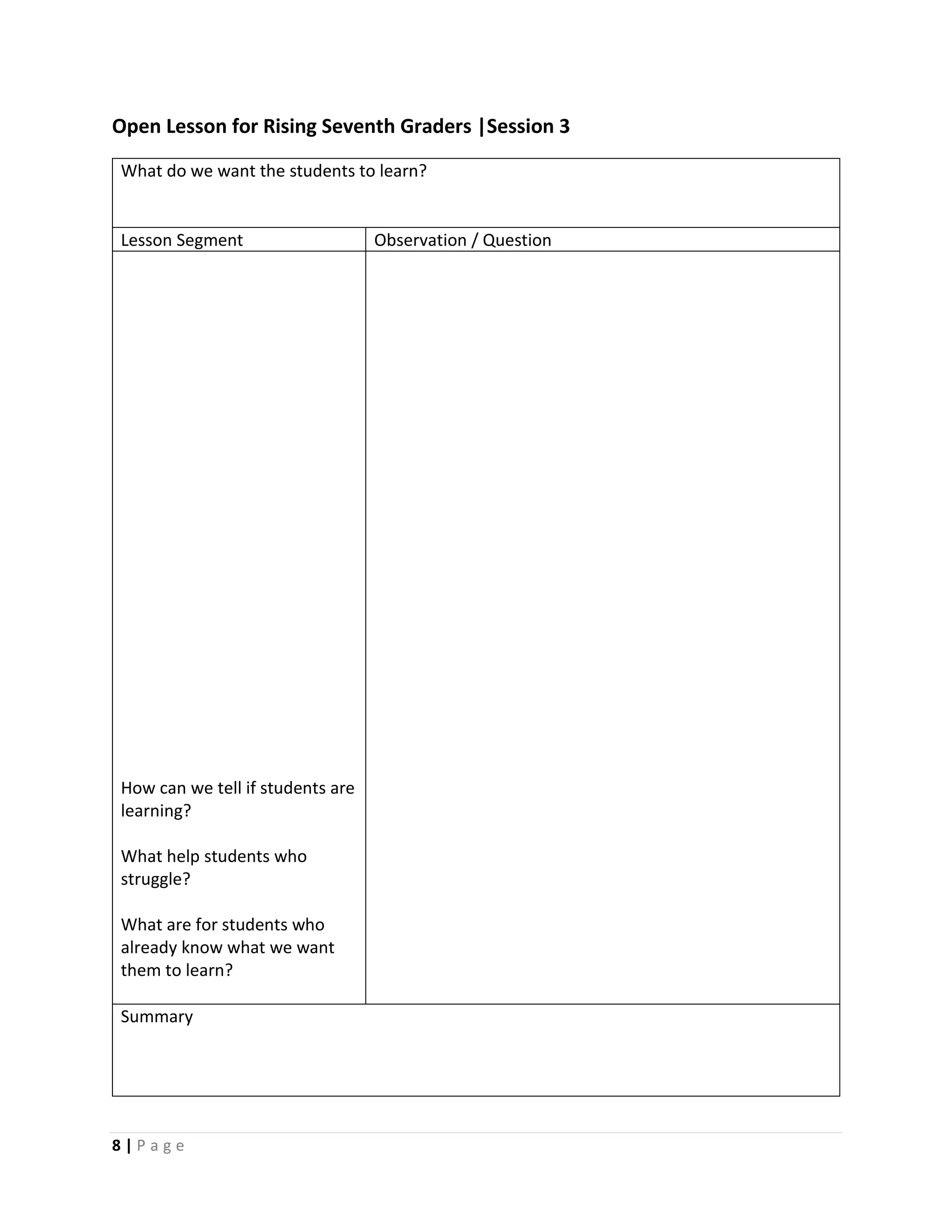 8 | P a g e
Open Lesson for Rising Seventh Graders |Session 3
What do we want the students to learn?
Lesson Segment Observation / Question
How can we tell if students are
learning?
What help students who
struggle?
What are for students who
already know what we want
them to learn?
Summary
 