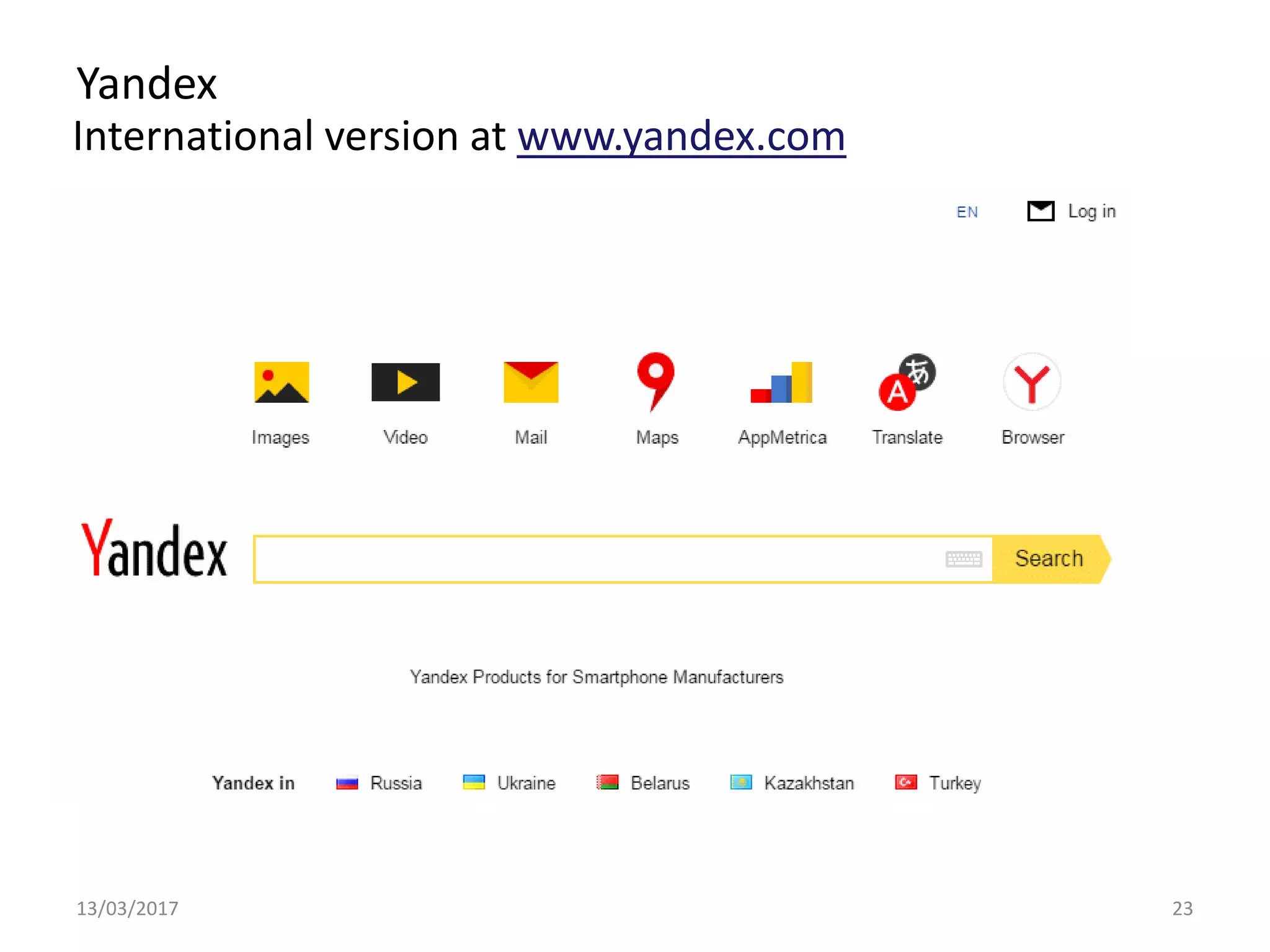 Yandex
International version at www.yandex.com
13/03/2017 23
 