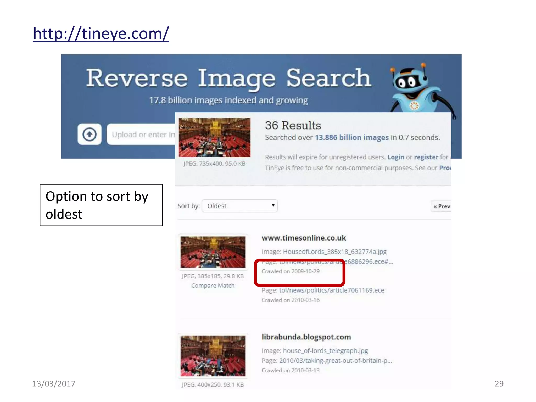 13/03/2017 www.rba.co.uk 29
http://tineye.com/
Option to sort by
oldest
 