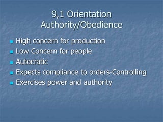 9,1 Orientation
Authority/Obedience
 High concern for production
 Low Concern for people
 Autocratic
 Expects compliance to orders-Controlling
 Exercises power and authority
 