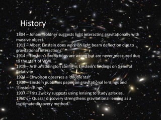 History
1804 – Johann Soldner suggests light interacting gravitationally with
massive object.
1911 – Albert Einstein does work on light beam deflection due to
gravitational interactions.
1914 – Einstein’s predictions are wrong but are never measured due
to the start of WWI.
1919 – Arthur Eddington confirms Einstein’s findings on General
Relativity
1924 – Chwolson observes a ‘double star’
1936 – Einstein publishes paper on gravitational lensings and
‘Einstein-Rings’
1937 – Fritz Zwicky suggests using lensing to study galaxies.
1960’s – Quasar discovery strengthens gravitational lensing as a
legitimate discovery method.
 