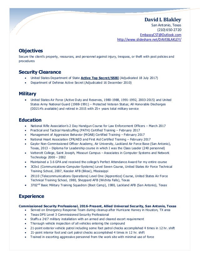blakley security officer resume 2017 clearances updated