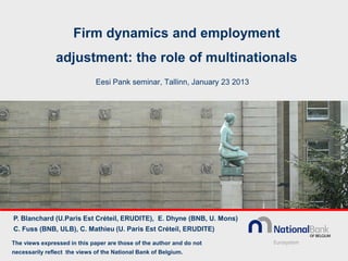 Firm dynamics and employment
               adjustment: the role of multinationals
                              Eesti Pank seminar, Tallinn, January 23 2013




P. Blanchard (U.Paris Est Créteil, ERUDITE), E. Dhyne (BNB, U. Mons)
C. Fuss (BNB, ULB), C. Mathieu (U. Paris Est Créteil, ERUDITE)

The views expressed in this paper are those of the author and do not
necessarily reflect the views of the National Bank of Belgium.
 
