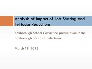 Analysis of Impact of Job Sharing and
In-House Reductions
Boxborough School Committee presentation to the
Boxborough Board of Selectmen

March 19, 2012
 