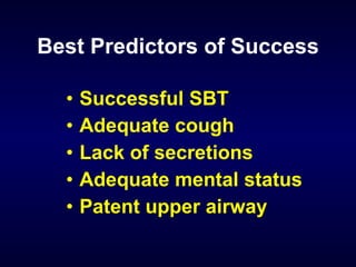 Best Predictors of Success Successful SBT Adequate cough Lack of secretions Adequate mental status Patent upper airway 