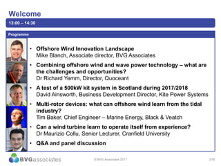 2/30
Welcome
13:00 – 14:30
• Offshore Wind Innovation Landscape
Mike Blanch, Associate director, BVG Associates
• Combining offshore wind and wave power technology – what are
the challenges and opportunities?
Dr Richard Yemm, Director, Quoceant
• A test of a 500kW kit system in Scotland during 2017/2018
David Ainsworth, Business Development Director, Kite Power Systems
• Multi-rotor devices: what can offshore wind learn from the tidal
industry?
Tim Baker, Chief Engineer – Marine Energy, Black & Veatch
• Can a wind turbine learn to operate itself from experience?
Dr Maurizio Collu, Senior Lecturer, Cranfield University
• Q&A and panel discussion
Programme
© BVG Associates 2017
 