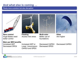 23/30
And what else is coming …
Plenty more evolution but also disruption
Aero control Floating Multi-rotor Kites
Huge blades need Access new areas Better use of Aim higher
better control foundations
Main per MW benefits
Increased AEP Increased AEP or Decreased CAPEX Decreased CAPEX
Decreased OPEX Lower transmission Decreased OPEX
CAPEX and OPEX
© BVG Associates 2017
 