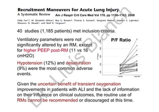 40 studies (1,185 patients) met inclusion criteria.
Ventilatory parameters were not
significantly altered by an RM, except
for higher PEEP post-RM (11 vs 16
cmH2O)
Hypotension (12%) and desaturation
(9%) were the most common adverse
events.
Given the uncertain benefit of transient oxygenation
improvements in patients with ALI and the lack of information
on their influence on clinical outcomes, the routine use of
RMs cannot be recommended or discouraged at this time.
Am J Respir Crit Care Med Vol 178. pp 1156–1163, 2008
P/F Ratio
D
r.Lluís
Blanch
 