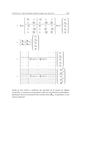 Cap´ıtulo 4. Situaciones particulares de c´alculo 117 
= T(φ) 
 
 
EA 
L 0 −EA 
L 0 0 
L3 0 −3EI 
0 3EI 
L3 
3EI 
L2 
L 0 EA 
L 0 0 
0 −3EI 
−EA 
L3 0 3EI 
L3 −3EI 
L2 
L2 0 −3EI 
0 3EI 
L2 
3EI 
L 
 
 
T(φ)⊤ 
 
 
ua 1x 
ua 1y 
ua 2x 
ua 2y 
θa 
2 
 
 
= 
 
 K11 K12 
K21 K22 
 
 
 
 
ua 1x 
ua 1y 
ua 2x 
ua 2y 
θa 
2 
 
 
= 
 
 
· · · · · · · · · · · · · · · 
· · · · · · · · · · · · · · · 
· · · · · · EA 
cos2 φ + 3EI 
L L3 sin2 φ · · · · · · 
· · · · · · · · · · · · · · · 
· · · · · · · · · · · · · · · 
 
 
 
 
ua 1x 
ua 1y 
ua 2x 
ua 2y 
θa 
2 
 
 
= 
 
 
· · · · · · · · · · · · · · · 
· · · · · · · · · · · · · · · 
· · · · · · EA 
cos2 φ + 3EI 
sin2 φ L L3 · · · · · · 
· · · · · · · · · · · · · · · 
· · · · · · · · · · · · · · · 
 
 
 
 
✚❃0 
ua 1x 
✚ 
✚ 
✚❃0 
ua 1y 
ua 2x 
✚ 
u✚❃0 
2y 
0 
✒ 
a θa 
2 
 
 
donde se han vuelto a sombrear las entradas de la matriz de rigidez 
cuyas filas y columnas corresponden a gdl con movimientos restringidos. 
Igualamos ahora la submatriz del extremo final (K22, en globales) a una 
matriz diagonal: 
 
