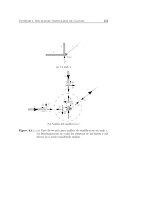 Cap´ıtulo 4. Situaciones particulares de c´alculo 123 
(a) Un nudo i 
(b) An´alisis del equilibrio en i 
Figura 4.9.1: (a) Caso de estudio para an´alisis de equilibrio en un nudo i. 
(b) Descomposici´on de todos los esfuerzos de las barras y sus 
efectos en el nudo considerado aislado. 
 
