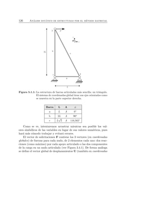 126 An´alisis est´atico de estructuras por el m´etodo matricial 
Figura 5.1.1: La estructura de barras articuladas m´as sencilla: un tri´angulo. 
El sistema de coordenadas global tiene sus ejes orientados como 
se muestra en la parte superior derecha. 
Barra L A φ 
a L A 0◦ 
b 2L A 90◦ 
c L√5 A 116,565◦ 
Como se ve, intentaremos arrastrar mientras sea posible los val-ores 
simb´olicos de las variables en lugar de sus valores num´ericos, pues 
har´a m´as c´omodo trabajar y evitar´a errores. 
El vector de solicitaciones F contiene los 3 vectores (en coordenadas 
globales) de fuerzas para cada nudo, de 2 elementos cada uno: dos reac-ciones 
(como m´aximo) por cada apoyo articulado o las dos componentes 
de la carga en un nudo articulado (ver Figura 3.4.1). De forma an´aloga 
se define el vector global de desplazamientos U (tambi´en en coordenadas 
 