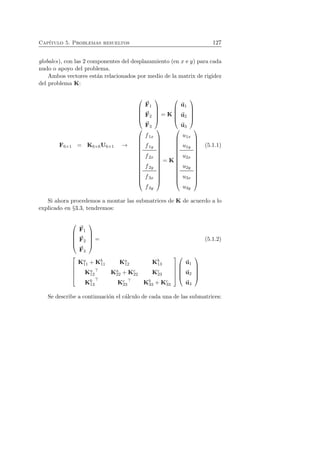 Cap´ıtulo 5. Problemas resueltos 127 
globales), con las 2 componentes del desplazamiento (en x e y) para cada 
nudo o apoyo del problema. 
Ambos vectores est´an relacionados por medio de la matrix de rigidez 
del problema K: 
F6×1 = K6×6U6×1 → 
 
 
F 
1 
F 
2 
F 
3 
 
 
= K 
 
 
u1 
u2 
u3 
 
 
 
 
f1x 
f1y 
f2x 
f2y 
f3x 
f3y 
 
 
= K 
 
 
u1x 
u1y 
u2x 
u2y 
u3x 
u3y 
 
 
(5.1.1) 
Si ahora procedemos a montar las submatrices de K de acuerdo a lo 
explicado en §3.3, tendremos: 
 
 
F 
1 
F 
2 
F 
3 
 
 
= (5.1.2) 
 
 
Ka 11 +Kb 
11 Ka 12 Kb 
13 
Ka 12⊤ Ka 22 +Kc 
22 Kc 
23 
13⊤ Kc 
Kb 
33 +Kc 
23⊤ Kb 
33 
 
 
 
 
u1 
u2 
u3 
 
 
Se describe a continuaci´on el c´alculo de cada una de las submatrices: 
 