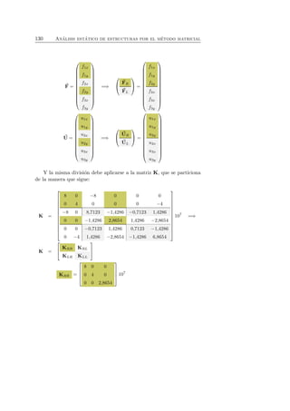 130 An´alisis est´atico de estructuras por el m´etodo matricial 
F 
= 
 
 
f1x 
f1y 
f2x 
f2y 
f3x 
f3y 
 
 
=⇒ 
 
 
F 
R 
F 
L 
 
 = 
 
 
f1x 
f1y 
f2y 
f2x 
f3x 
f3y 
 
 
U 
= 
 
 
u1x 
u1y 
u2x 
u2y 
u3x 
u3y 
 
 
=⇒ 
 
 
U 
R 
U 
L 
 
 = 
 
 
u1x 
u1y 
u2y 
u2x 
u3x 
u3y 
 
 
Y la misma divisi´on debe aplicarse a la matriz K, que se particiona 
de la manera que sigue: 
K = 
 
 
8 0 −8 0 0 0 
0 4 0 0 0 −4 
−8 0 8,7123 −1,4286 −0,7123 1,4286 
0 0 −1,4286 2,8654 1,4286 −2,8654 
0 0 −0,7123 1,4286 0,7123 −1,4286 
0 −4 1,4286 −2,8654 −1,4286 6,8654 
 
 
107 =⇒ 
K = 
 
 KRR KRL 
KLR KLL 
 
 
KRR = 
 
 
8 0 0 
0 4 0 
0 0 2,8654 
 
 
107 
 