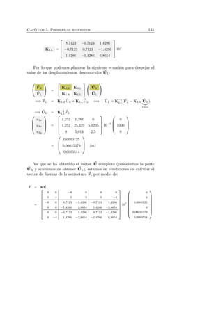Cap´ıtulo 5. Problemas resueltos 131 
KLL = 
 
 
8,7123 −0,7123 1,4286 
−0,7123 0,7123 −1,4286 
1,4286 −1,4286 6,8654 
 
 
107 
Por lo que podemos plantear la siguiente ecuaci´on para despejar el 
valor de los desplazamientos desconocidos U 
L: 
 
 
F 
R 
F 
L 
 
 = 
 
 KRR KRL 
KLR KLL 
 
 
 
 
U 
R 
U 
L 
 
 
=⇒ F 
L = KLRU 
R +KLLU 
L =⇒ U 
LL(F 
L = K−1 
L −KLR U 
R 
 
Cero 
) 
=⇒ U 
L = K−1 
LL 
F 
L  
 
u2x 
u3x 
u3y 
 
 
= 
 
 
1,252 1,284 0 
1,252 25,379 5,0205 
0 5,014 2,5 
 
 
10−8 
 
 
0 
1000 
0 
 
 
= 
 
 
0,0000125 
0,00025379 
0,0000514 
 
 
(m) 
Ya que se ha obtenido el vector U 
completo (conoc´ıamos la parte 
R y acabamos de obtener U 
L), estamos en condiciones de calcular el 
vector de fuerzas de la estructura F 
, por medio de: 
U 
F 
= KU 
= 
 
 
8 0 −8 0 0 0 
0 4 0 0 0 −4 
−8 0 8,7123 −1,4286 −0,7123 1,4286 
0 0 −1,4286 2,8654 1,4286 −2,8654 
0 0 −0,7123 1,4286 0,7123 −1,4286 
0 −4 1,4286 −2,8654 −1,4286 6,8654 
 
 
107 
 
 
0 
0 
0,0000125 
0 
0,00025379 
0,0000514 
 
 
 