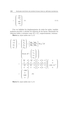 132 An´alisis est´atico de estructuras por el m´etodo matricial 
= 
 
 
−1000 
−2000 
0 
2000 
1000 
0 
 
 
(N) (5.1.3) 
Una vez hallados los desplazamientos de todos los nudos, tambi´en 
podemos proceder a calcular los esfuerzos de las barras. Denotando los 
esfuerzos axiles y cortantes como Nα 
i y V α 
i , respectivamente, tenemos: 
Barra a, cuyos nudos son 1 y 2: 
 
 
−Na 
1 
−V a 
1 
Na 
2 
V a 
2 
 
 
= 
 
 
ˆ fa1 
x 
ˆ fa1 
y 
ˆ fa 2x 
ˆ fa2 
y 
 
 
= 
 
 
ˆK 
a 
11 
ˆK 
a 
12 
ˆK 
a 
21 
ˆK 
a 
22 
 
T(φa)⊤ua 
 
 
Siendo: ua = 
 
 
u1x 
u1y 
u2x 
u2y 
 
 
 
 
= 
 
 
EA 
L 0 −EA 
L 0 
0 0 0 0 
−EA 
L 0 EA 
L 0 
0 0 0 0 
 
 
 
 
1 0 0 0 
0 1 0 0 
0 0 1 0 
0 0 0 1 
 
 
 
 
0 
0 
1,284 · 10−5 
0 
 
 
= 
 
 
−1000 
0 
1000 
0 
 
 
(N) 
Barra b, cuyos nudos son 1 y 3: 
 