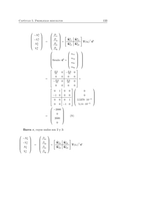 Cap´ıtulo 5. Problemas resueltos 133 
 
 
−Nb 
1 
−V b 
1 
Nb 
3 
V b 
3 
 
 
= 
 
 
ˆ fb 
1x 
ˆ fb 
1y 
ˆ fb 
3x 
ˆ fb 
3y 
 
 
= 
 
 
ˆK 
b 
11 
ˆK 
b 
13 
ˆK 
b 
31 
ˆK 
b 
33 
 
T(φb)⊤ub 
 
 
Siendo: ub = 
 
 
u1x 
u1y 
u3x 
u3y 
 
 
 
 
= 
 
 
EA 
2L 0 −EA 
2L 0 
0 0 0 0 
−EA 
2L 0 EA 
2L 0 
0 0 0 0 
 
 
× 
 
 
0 1 0 0 
−1 0 0 0 
0 0 0 1 
0 0 −1 0 
 
 
 
 
0 
0 
2,5379 · 10−4 
5,14 · 10−5 
 
 
= 
 
 
−2000 
0 
2000 
0 
 
 
(N) 
Barra c, cuyos nudos son 2 y 3: 
 
 
−Nc 
2 
−V c 
2 
Nc 
3 
V c 
3 
 
 
= 
 
 
ˆ fc 
2x 
ˆ fc 
2y 
ˆ fc 
3x 
ˆ fc 
3y 
 
 
= 
 
 
ˆK 
c 
22 
ˆK 
c 
23 
ˆK 
c 
32 
ˆK 
c 
33 
 
T(φc)⊤uc 
 