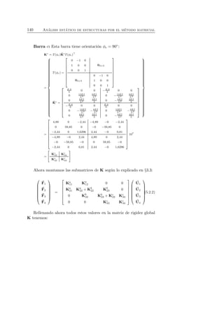 140 An´alisis est´atico de estructuras por el m´etodo matricial 
Barra c: Esta barra tiene orientaci´on φc = 90◦: 
Kc = T(φc)ˆK 
cT(φc)⊤ 
= 
 
 
T(φc) = 
 
 
0 −1 0 
1 0 0 
0 0 1 
03×3 
03×3 
0 −1 0 
1 0 0 
0 0 1 
 
 
ˆK 
c = 
 
 
EA 
L 0 0 −EA 
L 0 0 
0 12EI 
L3 
6EI 
0 L2 − 12EI 
L3 
6EI 
L2 
0 6EI 
L2 
4EI 
0 L − 6EI 
L2 
2EI 
L 
−EA 
0 0 EA 
0 0 
L L 0 − 12EI 
− 6EI 
L3 0 12EI 
6EI 
L2 L3 − L2 
0 6EI 
L2 
2EI 
0 L − 6EI 
L2 
4EI 
L 
 
 
 
 
= 
 
 
4,89 0 −2,44 −4,89 −0 −2,44 
0 59,85 0 −0 −59,85 0 
−2,44 0 1,6296 2,44 −0 0,81 
−4,89 −0 2,44 4,89 0 2,44 
−0 −59,85 −0 0 59,85 −0 
−2,44 0 0,81 2,44 −0 1,6296 
 
 
107 
= 
  
33 Kc 
Kc 
34 
Kc 
43 Kc 
44 
! 
Ahora montamos las submatrices de K seg´un lo explicado en §3.3: 
 
 
F1 
F2 
F3 
F4 
 
 
= 
 
 
Ka 
Ka 
0 0 
11 12 Ka 
21 Ka 
22 +Kb 
22 Kb 
23 0 
0 Kb 
32 Kb 
33 +Kc 
33 Kc 
34 
0 0 Kc 
43 Kc 
44 
 
 
 
 
U 
1 
U 
2 
U 
3 
U 
4 
 
 
(5.2.2) 
Rellenando ahora todos estos valores en la matriz de rigidez global 
K tenemos: 
 