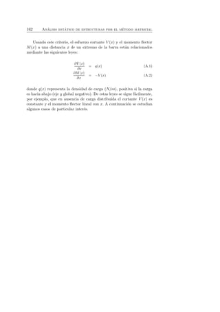 162 An´alisis est´atico de estructuras por el m´etodo matricial 
Usando este criterio, el esfuerzo cortante V (x) y el momento flector 
M(x) a una distancia x de un extremo de la barra est´an relacionados 
mediante las siguientes leyes: 
∂V (x) 
∂x 
= q(x) (A.1) 
∂M(x) 
∂x 
= −V (x) (A.2) 
donde q(x) representa la densidad de carga (N/m), positiva si la carga 
es hacia abajo (eje y global negativo). De estas leyes se sigue f´acilmente, 
por ejemplo, que en ausencia de carga distribuida el cortante V (x) es 
constante y el momento flector lineal con x. A continuaci´on se estudian 
algunos casos de particular inter´es. 
 