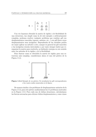 Cap´ıtulo 1. Introducci´on al c´alculo matricial 19 
A = 
 
 
L 
EA 0 0 
0 L3 
3EI 
L2 
2EI 
0 L2 
2EI 
L3 
EI 
 
 
Una vez hayamos obtenido la matriz de rigidez o de flexibilidad de 
una estructura, tan simple como la de este ejemplo o arbitrariamente 
compleja, podemos resolver cualquier problema que combine gdl con 
desplazamientos conocidos (apoyos, asientos, etc...) con gdl libres cuyos 
desplazamientos sean inc´ognitas. Dependiendo de las variables podr´ıa 
ser mejor aplicar un m´etodo u otro, aunque en general los gdl conocidos 
y las inc´ognitas estar´an intercalados y por tanto siempre habr´a que re-organizar 
la matriz para resolverla, no habiendo ventajas en este sentido 
entre los m´etodos de la rigidez y de la flexibilidad. 
Para ilustrar como se obtendr´ıa la matriz de rigidez para una es-tructura 
m´as compleja, consideremos ahora el caso del p´ortico de la 
Figura 1.5.4. 
Figura 1.5.4: Ejemplo de un p´ortico. Se estudiar´an los gdl correspondientes 
a los cuatro nudos numerados en la figura. 
De manera similar a los problemas de desplazamientos unitarios de la 
Figura 1.5.2, para este p´ortico analizar´ıamos los 11 problemas mostrados 
en la Figura 1.5.5. Para cada uno de dichas situaciones, calcular´ıamos 
las fuerzas necesarias para obtener dichos desplazamientos y como vimos 
 