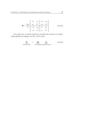 Cap´ıtulo 2. Matrices de elementos estructurales 37 
Ka = 
EA 
L 
 
 
c2 cs −c2 −cs 
cs s2 −cs −s2 
−c2 −cs c2 cs 
−cs −s2 cs s2 
 
 
(2.2.14) 
Con todo esto, se puede escribir la ecuaci´on de la barra en coorde-nadas 
globales (comparar con Ec. 2.2.7) como: 
f 
a 

 
Solicitaciones 
= Ka 

 
Mat.rigidez 
ua 

 
Desplazamientos 
(2.2.15) 
 