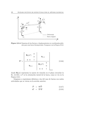 44 An´alisis est´atico de estructuras por el m´etodo matricial 
Figura 2.3.4: Esquema de las fuerzas y desplazamientos en coordenadas glob-ales 
para una barra biempotrada. Comparar con la Figura 2.3.2. 
Ta = 
 
 
R2(φa) 
0 
0 
0 0 1 
03×3 
03×3 
R2(φa) 
0 
0 
0 0 1 
 
 
6×6 
(2.3.6) 
donde R2(φ) representa la matriz de rotaci´on en el plano (recordar la 
Ec. 2.2.10) y φa es la orientaci´on inicial de la barra, como se vio en la 
Figura 2.3.1. 
Llegamos a expresiones id´enticas a las del caso de barras con nudos 
articulados que se vieron en la secci´on anterior: 
f 
a = Taˆf 
a (2.3.7) 
ua = Taˆua (2.3.8) 
 