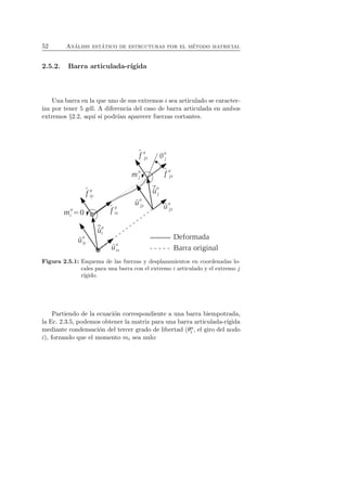 52 An´alisis est´atico de estructuras por el m´etodo matricial 
2.5.2. Barra articulada-r´ıgida 
Una barra en la que uno de sus extremos i sea articulado se caracter-iza 
por tener 5 gdl. A diferencia del caso de barra articulada en ambos 
extremos §2.2, aqu´ı s´ı podr´ıan aparecer fuerzas cortantes. 
Figura 2.5.1: Esquema de las fuerzas y desplazamientos en coordenadas lo-cales 
para una barra con el extremo i articulado y el extremo j 
r´ıgido. 
Partiendo de la ecuaci´on correspondiente a una barra biempotrada, 
la Ec. 2.3.5, podemos obtener la matriz para una barra articulada-r´ıgida 
mediante condensaci´on del tercer grado de libertad (θa 
i , el giro del nodo 
i), forzando que el momento mi sea nulo: 
 
