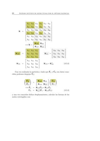 68 An´alisis est´atico de estructuras por el m´etodo matricial 
K = 
 
 
k11 k12 k13 k14 k15 k16 
k21 k22 k23 k24 k25 k26 
k31 k32 k33 k34 k35 k36 
k41 k42 k43 k44 k45 k46 
k51 k52 k53 k54 k55 k56 
k61 k62 k63 k64 k65 k66 
 
 
=⇒ K = 
 
 KRR KRL 
KLR KLL 
 
 
KRR = 
 
 
k11 k12 k14 
k21 k22 k24 
k41 k42 k44 
 
 
KLL = 
 
 
k33 k35 k36 
k53 k55 k56 
k63 k65 k66 
 
 
KRL = 
 
 
k13 k15 k16 
k23 k25 k26 
k43 k45 k46 
 
 
KLR = K⊤RL (3.5.2) 
Una vez realizada la partici´on y dado que F 
L y U 
R son datos cono-cidos 
podemos despejar U 
L: 
 
 
F 
R 
F 
L 
 
 = 
 
 KRR KRL 
KLR KLL 
 
 
 
 
U 
R 
U 
L 
 
 
=⇒ F 
L = KLRU 
R +KLLU 
L 
U 
LL(F 
L = K−1 
L −KLRU 
R) (3.5.3) 
y una vez conocidos dichos desplazamientos, calcular las fuerzas de los 
nudos restringidos con: 
 
