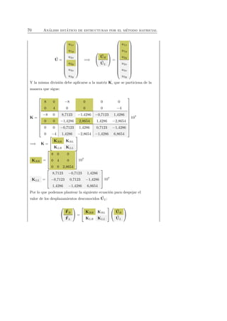 70 An´alisis est´atico de estructuras por el m´etodo matricial 
U 
= 
 
 
u1x 
u1y 
u2x 
u2y 
u3x 
u3y 
 
 
=⇒ 
 
 
U 
R 
U 
L 
 
 = 
 
 
u1x 
u1y 
u2y 
u2x 
u3x 
u3y 
 
 
Y la misma divisi´on debe aplicarse a la matriz K, que se particiona de la 
manera que sigue: 
K = 
 
 
8 0 −8 0 0 0 
0 4 0 0 0 −4 
−8 0 8,7123 −1,4286 −0,7123 1,4286 
0 0 −1,4286 2,8654 1,4286 −2,8654 
0 0 −0,7123 1,4286 0,7123 −1,4286 
0 −4 1,4286 −2,8654 −1,4286 6,8654 
 
 
107 
=⇒ K = 
 
 KRR KRL 
KLR KLL 
 
 
KRR = 
 
 
8 0 0 
0 4 0 
0 0 2,8654 
 
 
107 
KLL = 
 
 
8,7123 −0,7123 1,4286 
−0,7123 0,7123 −1,4286 
1,4286 −1,4286 6,8654 
 
 
107 
Por lo que podemos plantear la siguiente ecuaci´on para despejar el 
valor de los desplazamientos desconocidos U 
L: 
 
 
F 
R 
F 
L 
 
 = 
 
 KRR KRL 
KLR KLL 
 
 
 
 
U 
R 
U 
L 
 
 
 