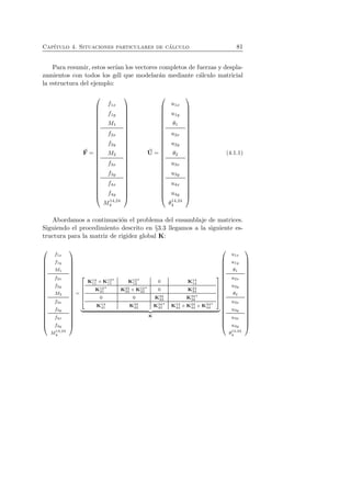 Cap´ıtulo 4. Situaciones particulares de c´alculo 81 
Para resumir, estos ser´ıan los vectores completos de fuerzas y despla-zamientos 
con todos los gdl que modelar´an mediante c´alculo matricial 
la estructura del ejemplo: 
(4.1.1) 
u1x 
u1y 
θ1 
u2x 
u2y 
θ2 
u3x 
u3y 
u4x 
u4y 
θ14,24 
4 
= 
U 
f1x 
f1y 
M1 
f2x 
f2y 
M2 
f3x 
f3y 
f4x 
f4y 
M14,24 
= 
F 
 
 
4 
 
 
 
 
 
 
Abordamos a continuaci´on el problema del ensamblaje de matrices. 
Siguiendo el procedimiento descrito en §3.3 llegamos a la siguiente es-tructura 
para la matriz de rigidez global K: 
u1x 
u1y 
θ1 
u2x 
u2y 
θ2 
u3x 
u3y 
u4x 
u4y 
θ14,24 
4 
 
 
⋆ 0 K14 
⋆ 
14 
K12 
12 
11 + K12 
11 
K14 
⋆ 0 K24 
⋆ 
24 
22 +K12 
22 
K24 
K12 
21 
⋆ 
33 K34 
34 
0 0 K34 
 
 
= 
 
⋆ 
⋆ 

   
44 + K24 
44 + K34 
44 
K14 
41 K24 
42 K34 
43 
K14 
K 
f1x 
f1y 
M1 
f2x 
f2y 
M2 
f3x 
f3y 
f4x 
f4y 
M14,24 
 
4 
 
 
 
 
 
 
 