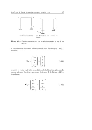Cap´ıtulo 4. Situaciones particulares de c´alculo 87 
(a) Estructura inicial (b) Estructura con asiento en 
apoyo 1 
Figura 4.3.1: Caso de una estructura con un asiento conocido en uno de los 
apoyos. 
el caso de una estructura sin asientos como la de la figura Figura 4.3.1(a), 
tenemos: 
U 
R = 
 
 
u1x 
u1y 
θ1 
u4y 
 
 
= 
 
 
0 
0 
0 
0 
 
 
(4.3.1) 
es decir, el vector ser´a todo ceros. Esto es lo habitual excepto cuando 
existan asientos. En dicho caso, como el ejemplo de la Figura 4.3.1(b), 
tendr´ıamos: 
U 
R = 
 
 
u1x 
u1y 
θ1 
u4y 
 
 
= 
 
 
0 
−δ1y 
0 
0 
 
(4.3.2) 
 