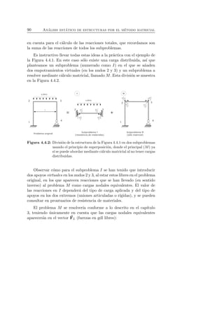 90 An´alisis est´atico de estructuras por el m´etodo matricial 
en cuenta para el c´alculo de las reacciones totales, que recordamos son 
la suma de las reacciones de todos los subproblemas. 
Es instructivo llevar todas estas ideas a la pr´actica con el ejemplo de 
la Figura 4.4.1. En este caso s´olo existe una carga distribuida, as´ı que 
planteamos un subproblema (numerado como I) en el que se a˜naden 
dos empotramientos virtuales (en los nudos 2 y 3) y un subproblema a 
resolver mediante c´alculo matricial, llamado M. Esta divisi´on se muestra 
en la Figura 4.4.2. 
Figura 4.4.2: Divisi´on de la estructura de la Figura 4.4.1 en dos subproblemas 
usando el principio de superposici´on, donde el principal (M) ya 
s´ı se puede abordar mediante c´alculo matricial al no tener cargas 
distribuidas. 
Observar c´omo para el subproblema I se han tenido que introducir 
dos apoyos virtuales en los nudos 2 y 3, al estar estos libres en el problema 
original, en los que aparecen reacciones que se han llevado (en sentido 
inverso) al problema M como cargas nodales equivalentes. El valor de 
las reacciones en I depender´a del tipo de carga aplicada y del tipo de 
apoyos en los dos extremos (uniones articuladas o r´ıgidas), y se pueden 
consultar en prontuarios de resistencia de materiales. 
El problema M se resolver´ıa conforme a lo descrito en el cap´ıtulo 
3, teniendo ´unicamente en cuenta que las cargas nodales equivalentes 
aparecer´an en el vector F 
L (fuerzas en gdl libres): 
 