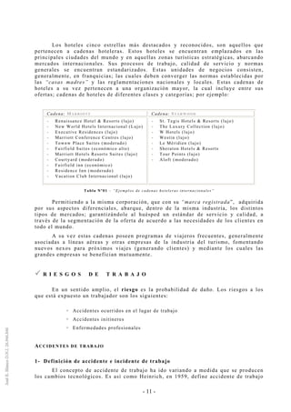 - 11 -
Los hoteles cinco estrellas más destacados y reconocidos, son aquellos que
pertenecen a cadenas hoteleras. Estos hoteles se encuentran emplazados en las
principales ciudades del mundo y en aquellas zonas turísticas estratégicas, abarcando
mercados internacionales. Sus procesos de trabajo, calidad de servicio y normas
generales se encuentran estandarizados. Estas unidades de negocios consisten,
generalmente, en franquicias; las cuales deben converger las normas establecidas por
las “casas madres” y las reglamentaciones nacionales y locales. Estas cadenas de
hoteles a su vez pertenecen a una organización mayor, la cual incluye entre sus
ofertas; cadenas de hoteles de diferentes clases y categorías; por ejemplo:
Cadena: MARRIOTT Cadena: STARWOOD
-- Renaissance Hotel & Resorts (lujo)
-- New World Hotels Internacional (Lujo)
-- Executive Residences (lujo)
-- Marriott Conference Centres (lujo)
-- Townw Place Suites (moderado)
-- Fairfield Suites (económico alto)
-- Marriott Hotels Resorts Suites (lujo)
-- Courtyard (moderado)
-- Fairfield inn (económico)
-- Residence Inn (moderado)
-- Vacation Club Internacional (lujo)
-- St. Tegis Hotels & Resorts (lujo)
-- The Luxury Collection (lujo)
-- W Hotels (lujo)
-- Westin (lujo)
-- Le Méridien (lujo)
-- Sheraton Hotels & Resorts
-- Tour Points (lujo)
-- Aloft (moderado)
Tabla Nº01 – “Ejemplos de cadenas hoteleras internacionales”
Permitiendo a la misma corporación, que con su “marca registrada”, adquirida
por sus aspectos diferenciales, abarque, dentro de la misma industria, los distintos
tipos de mercados; garantizándole al huésped un estándar de servicio y calidad, a
través de la segmentación de la oferta de acuerdo a las necesidades de los clientes en
todo el mundo.
A su vez estas cadenas poseen programas de viajeros frecuentes, generalmente
asociadas a líneas aéreas y otras empresas de la industria del turismo, fomentando
nuevos nexos para próximos viajes (generando clientes) y mediante los cuales las
grandes empresas se benefician mutuamente.
R I E S G O S D E T R A B A J O
En un sentido amplio, el riesgo es la probabilidad de daño. Los riesgos a los
que está expuesto un trabajador son los siguientes:
Accidentes ocurridos en el lugar de trabajo
Accidentes initíneres
Enfermedades profesionales
ACCIDENTES DE TRABAJO
1- Definición de accidente e incidente de trabajo
El concepto de accidente de trabajo ha ido variando a medida que se producen
los cambios tecnológicos. Es así como Heinrich, en 1959, define accidente de trabajo
 