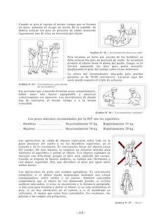 - 115 -
Cuando se gira el cuerpo al mismo tiempo que se levanta
un peso, aumenta el riesgo de lesión de la espalda. Se
deberá colocar los pies en posición de andar, poniendo
ligeramente uno de ellos en dirección del objeto
Gráfico Nº 32 - “Levantamiento hacia un lado”
Para levantar un bulto por encima de los hombros, se
debe colocar los pies en posición de andar. Se levantará
primero el objeto hasta la altura del pecho. Luego, se lo
elevará separando los pies para poder moverlo,
desplazando el peso del cuerpo sobre el pie delantero.
La altura del levantamiento adecuada para muchas
personas es de 70-80 centímetros. Levantar algo del
suelo puede requerir el triple de esfuerzo.
Gráfico Nº 33 - “Levantamiento por encima
de los hombros”
Las personas que a menudo levantan cosas conjuntamente,
deben tener una fuerza equiparable y practicar
colectivamente ese ejercicio. Los movimientos de alzado
han de realizarse al mismo tiempo y a la misma
velocidad.
Gráfico Nº 34 - “Levantamiento conjunto”
Los pesos máximos recomendados por la OIT son los siguientes:
-- Hombres: ........................ Ocasionalmente 55 kg. Repetidamente 35 kg.
-- Mujeres: .......................... Ocasionalmente 30 kg. Repetidamente 20 kg.
Las operaciones de carda de objetos repercuten sobre todo en la
parte posterior del cuello y en los miembros superiores, en el
corazón y en la circulación. Es conveniente llevar los objetos cerca
del cuerpo. De esta manera, se requiere un esfuerzo mínimo para
mantener el equilibrio y portar el objeto. Los objetos redondos se
manejan con dificultad, porque el peso está separado del cuerpo.
Cuando se dispone de buenos asideros, se trabaja más fácilmente y
con mayor seguridad. Hay que distribuir el peso por igual entre
ambas manos.
Las operaciones de porte son siempre agotadoras. Es conveniente
comprobar si el objeto puede desplazarse mediante una correa
transportadora, sobre ruedas o un carrito. También convendrá
comprobarse que el objeto no sea demasiado pesado, si existen
asideros adecuados, si éstos se encuentran a la distancia apropiada,
si hay sitio para levantar y portar el objeto, si no está resbaladizo el
piso, si no hay obstáculos en el camino y si el alumbrado es
suficiente. A menos que estén bien concebidos, los escalones, las
puertas y las rampas son peligrosos.
Gráfico Nº 35 – “Porte”
 