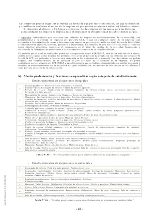 - 48 -
Las empresas podrán organizar el trabajo en forma de equipos multifuncionales, los que se dividirán
y clasificarán conforme el sector de la empresa en que presten servicios a saber: A) Administrativas;
B) Atención al cliente; y C) Apoyo o servicios. La descripción de las tareas para las distintas
especialidades no importa ni implica para el empleador la obligatoriedad de cubrir dichos cargos.
* Aprendiz: trabajadores que iniciaran una relación de empleo en establecimientos de la actividad, con
posterioridad a la entrada en vigencia del presente CCT, y que en cualquier sector de la empresa sean
asignados a la prestación de tareas o funciones que requieran para su realización un nivel básico de habilidades
y conocimientos técnicos, teóricos, prácticos o experiencia. La creación de este nivel inicial, tiene y reconoce
como objetivo prioritario incentivar el incremento en el nivel de empleo de la actividad fomentando y
facilitando la formación de postulantes a la actividad en el marco de la relación laboral.
El período por el cual un trabajador podrá ser categorizado como APRENDIZ, será de un máximo de 6 meses,
dentro de los cuales como máximo los primeros tres serán el período de prueba en los términos del artículo 92
bis de la LCT, no pudiendo utilizarse esta categoría en los contratos de temporada. Los Aprendices no podrán
superar, por establecimiento, en su cantidad al 25% del total de la dotación de la empresa. No podrá
contratarse en la categoría de APRENDIZ a aquella persona que se hubiera desempeñado en similar categoría y
función en establecimientos de la actividad de igual calificación, un mínimo de seis meses en los últimos 2
años previos al inicio de la contratación.
b) Niveles profesionales y funciones comprendidas según categoría de establecimiento
-- Establecimientos de alojamiento integrales
1
Frutero-gambucero. Peón de cocina. Transporte. Toiletero.
Guardarropista. Encargado de toilette. Cadete de portería (groom).
Portero de servicio. Ascensorista de servicio. Ayudante de obreros oficios varios. Corredor/o comisionista.
Lavacopa y/o peón general.
2
Montaplatos de cocina. Ascensorista. Bagajista. Sereno de vigilancia.
Mensajero. Auxiliar de inventario y depósitos. Auxiliar administrativo.
Auxiliar de recepción. Auxiliar recibidor de mercadería. Control de ventas y/o compras. Cadete de portería. Medio
oficial de obra oficios varios.
Foguista. Encerador de pisos. Mozo de mostrador. Engrasador.
Centrifugador. Estufera. Jardinera. Cobrador.
3
Ayudante panadero. Ayudante de cocina. Capataz de peones.
Gambucero. Cafetero. Comís come dor. Comís de vinos. Comís comedor de niños. Empleado administrativo.
Recibidor de mercaderías.
Planchadora. Lencera-lavandera. Capataz peones generales. Comís de piso. Mozo de personal.
4
Medio oficial panadero. Comís de suite. Mucama. Valet. Portero.
Telefonista. Encargado de inventario y depósito. Oficial de oficios varios.
Chofer y/o garajista. Bodeguero. Capataz comedor de administración.
Cocketelero-ayudante de barman. Planchadora a mano.
5
Comís de cocina. Oficial panadero. Jefe de telefonistas. Cajero de administración. Ayudante de contador.
Adicionista. Cuentacorrentista.
Fichero. Cajero comedor restaurante. Encargado sin personal a su cargo.
Capataz. Encargado de sección. Oficial pintor y/o empapelador, oficial albañil, oficial carpintero, etc. Jefe lencera.
Bañero.
6
Jefe de partida. Maître. Mozo. Mozo de vinos. Maître comedor de niños.
Cheff de fila. Gobernanta. Conserje. Recepcionista. Primer cajero administrativo. Empleado principal de
administración. Jefe de compras.
Masajista. Barman. Mozo comedor de niños . Maître de piso. Mozo de piso.
7
Jefe de brigada. Maître principal. Gobernanta principal. Jefe de conserjería (conserje principal). Jefe de recepción.
Jefe técnico especial de oficio.
Tabla Nº 05 – “Niveles profesionales para establecimientos de alojamiento integrales”
-- Establecimientos de alojamiento residenciales
1 Encargado de toilette. Peón y/o peón general. Portero de servicio.
2 Engrasador. Centrifugador. Cobrador. Auxiliar de administración. Auxiliar de recepción. Mensajero. Ascensorista.
Bagajista. Jardinero. Obrero oficios varios medio oficial. Mozo de most rador. Encerador. Control de ventas
compras. Cadete de portería.
3
Empleado administrativo. Lencera-lavandera-planchadora. Cafetero.
Capataz de peones.
4 Mucamas. Valet. Portero. Telefonista. Oficiales de oficios varios. Chofer o garajista. Planchadora a mano.
5 Cajero. Jefa lencera. Bañero. Encargado sin personal a su cargo.
6
Empleado principal de administración. Recepcionista. Gobernanta. Mozo de piso. Cons erje. Jefe de compras o
ventas.
7 Jefe de recepción. Gobernanta principal. Jefe de conserjería (conserje principal).
Tabla Nº 06 – “Niveles profesionales para establecimientos de alojamiento residenciales”
 
