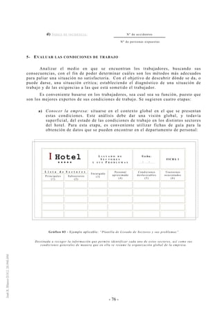 - 76 -
d) ÍN D I C E D E I N CI D E N C I A : Nº de accidentes
Nº de personas expuestas
5- EVALUAR LAS CONDICIONES DE TRABAJO
Analizar el medio en que se encuentran los trabajadores, buscando sus
consecuencias, con el fin de poder determinar cuáles son los métodos más adecuados
para paliar una situación no satisfactoria. Con el objetivo de descubrir dónde se da, o
puede darse, una situación crítica; estableciendo el diagnóstico de una situación de
trabajo y de las exigencias a las que está sometido el trabajador.
Es conveniente basarse en los trabajadores, sea cual sea su función, puesto que
son los mejores expertos de sus condiciones de trabajo. Se sugieren cuatro etapas:
a) Conocer la empresa: situarse en el contexto global en el que se presentan
estas condiciones. Este análisis debe dar una visión global, y todavía
superficial, del estado de las condiciones de trabajo en los distintos sectores
del hotel. Para esta etapa, es conveniente utilizar fichas de guía para la
obtención de datos que se pueden encontrar en el departamento de personal:
ΙΙ Hotel
* * * * *
L I S T A D O D E
S E C T O R E S
Y S U S P R O B L E M A S
Fecha:
..../...../.....
FICHA 1
L i s t a d e S e c t o r e s
Principales
(1)
Subsectores
(2)
Encargado
(3)
Personal
aproximado
(4)
Condiciones
desfavorables
(5)
Trastornos
ocasionados
(6)
Gráfico 03 - Ejemplo aplicable: “Planilla de Listado de Sectores y sus problemas”
Destinada a recoger la información que permite identificar cada uno de estos sectores, así como sus
condiciones generales de manera que en ella se resume la organización global de la empresa.
 