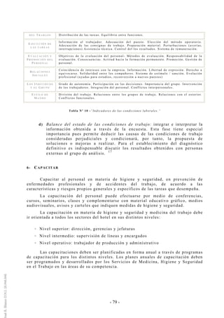 - 79 -
D E L TR A B A JO Distribución de las tareas. Equilibrio entre funciones.
EJ E C U C I Ó N DE
L A S T A R E A S
Información al trabajador. Adecuación del puesto. Elección del método operatorio.
Adecuación de las consignas de trabajo. Preparación material. Perturbaciones (averías,
interrupciones) Asistencia técnica. Control del los resultados. Sistema de remuneración.
EV A L U A C I Ó N Y
PR O M O C I Ó N DE L
PE R S O N A L
Objetivos de la evaluación del personal- Métodos de evaluación. Responsabilidad de la
evaluación. Consecuencias. Actitud hacia la formación permanente. Promoción. Gestión de
personal.
RE L A C I O N E S
SO C I A L E S
Coincidencia de intereses con la empresa. Información. Libertad de expresión. Derecho a
equivocarse. Solidaridad entre los compañeros. Sistema de estímulo / sanción. Evolución
profesional (ayudas para estudios, reconversión a nuevos puestos)
LO S IN DI V I D UO S
Y E L GR U P O
Grado de autonomía. Participación en las decisiones. Importancia del grupo. Intervención
de los trabajadores. Integración del personal. Conflictos interpersonales.
ES T I L O D E
MA N D O
División del trabajo. Relaciones entre los grupos de trabajo. Relaciones con el exterior.
Conflictos funcionales.
Tabla Nº 10 -“Indicadores de las condiciones laborales.”
d) Balance del estado de las condiciones de trabajo: integrar e interpretar la
información obtenida a través de la encuesta. Esta fase tiene especial
importancia pues permite deducir las causas de las condiciones de trabajo
consideradas perjudiciales y condicionará, por tanto, la propuesta de
soluciones o mejoras a realizar. Para el establecimiento del diagnóstico
definitivo es indispensable discutir los resultados obtenidos con personas
externas al grupo de análisis.
17
6- CAPACITAR
Capacitar al personal en materia de higiene y seguridad, en prevención de
enfermedades profesionales y de accidentes del trabajo, de acuerdo a las
características y riesgos propios generales y específicos de las tareas que desempeña.
La capacitación del personal puede efectuarse por medio de conferencias,
cursos, seminarios, clases y complementarse con material educativo gráfico, medios
audiovisuales, avisos y carteles que indiquen medidas de higiene y seguridad.
La capacitación en materia de higiene y seguridad y medicina del trabajo debe
ir orientada a todos los sectores del hotel en sus distintos niveles:
Nivel superior: dirección, gerencias y jefaturas
Nivel intermedio: supervisión de líneas y encargados
Nivel operativo: trabajador de producción y administrativo
Las capacitaciones deben ser planificadas en forma anual a través de programas
de capacitación para los distintos niveles. Los planes anuales de capacitación deben
ser programados y desarrollados por los Servicios de Medicina, Higiene y Seguridad
en el Trabajo en las áreas de su competencia.
 